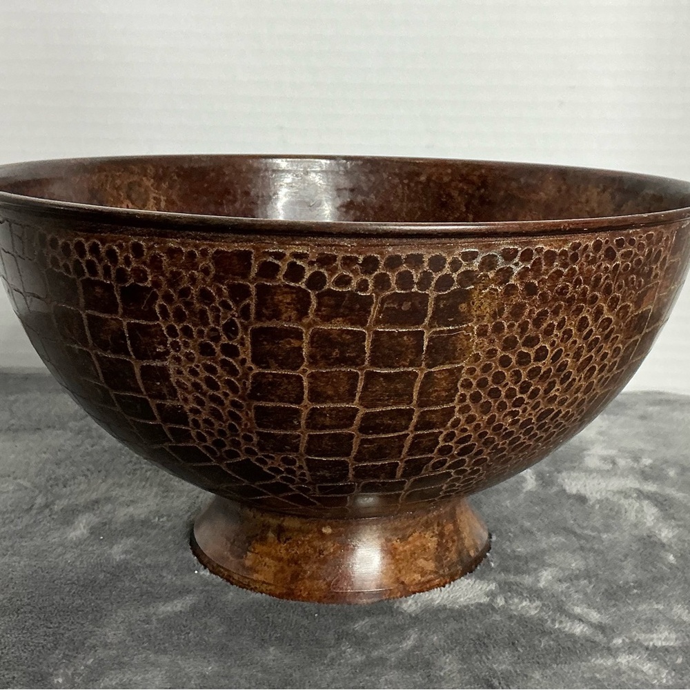 Decorative Brown Etched Metal Bowl Textured Pattern Pedestal Base Made in India